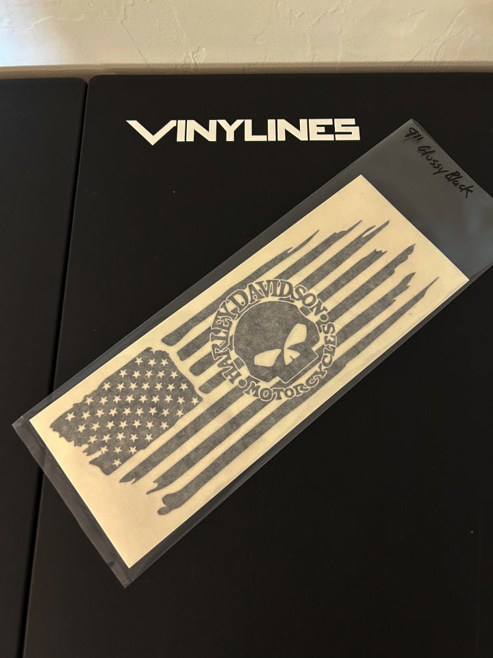 9 inch Glossy Black HD Willie G Skull USA Flag Decal