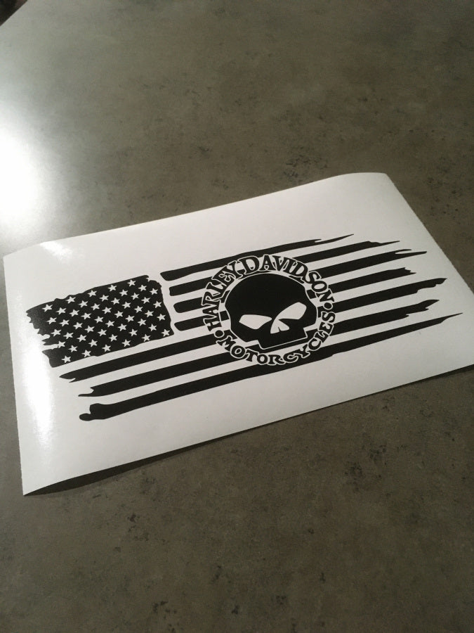 9 inch Glossy Black HD Willie G Skull USA Flag Decal
