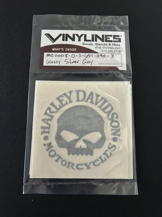 3 Inch Glossy Siler Grey HD Willie G Solid Skull Vinyl Decal 3 Pack
