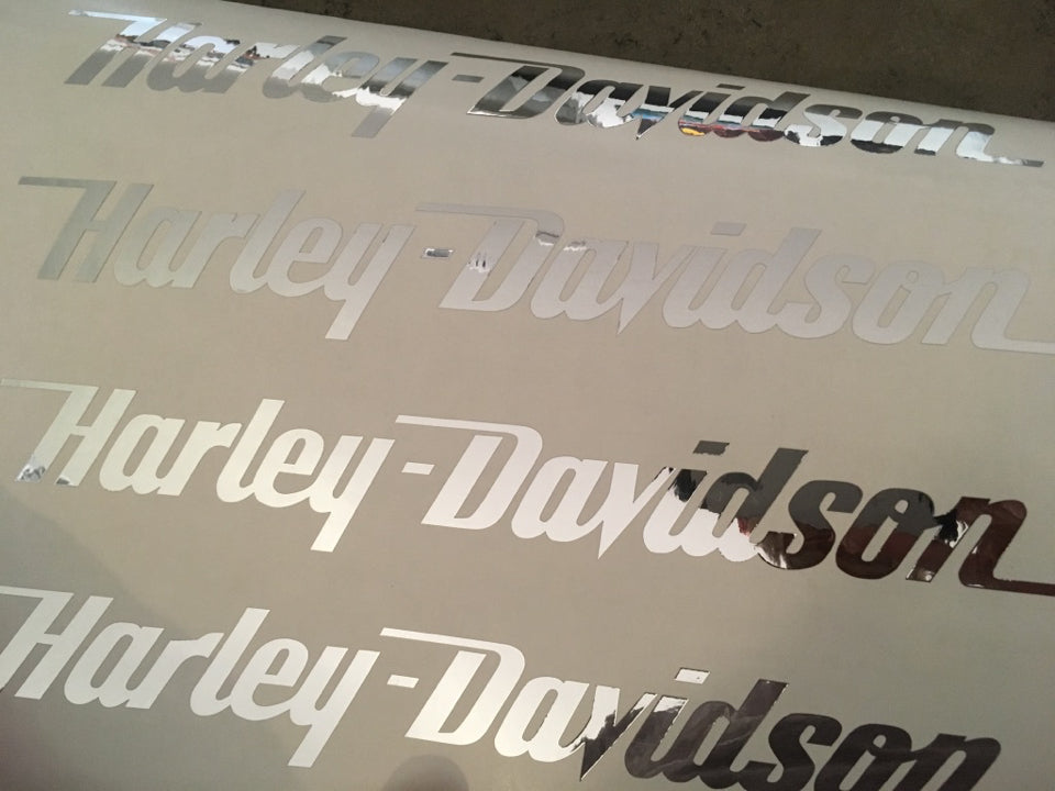 8 Inch Chrome Mirror Harley-Davidson Script Text Decal 2 Pack